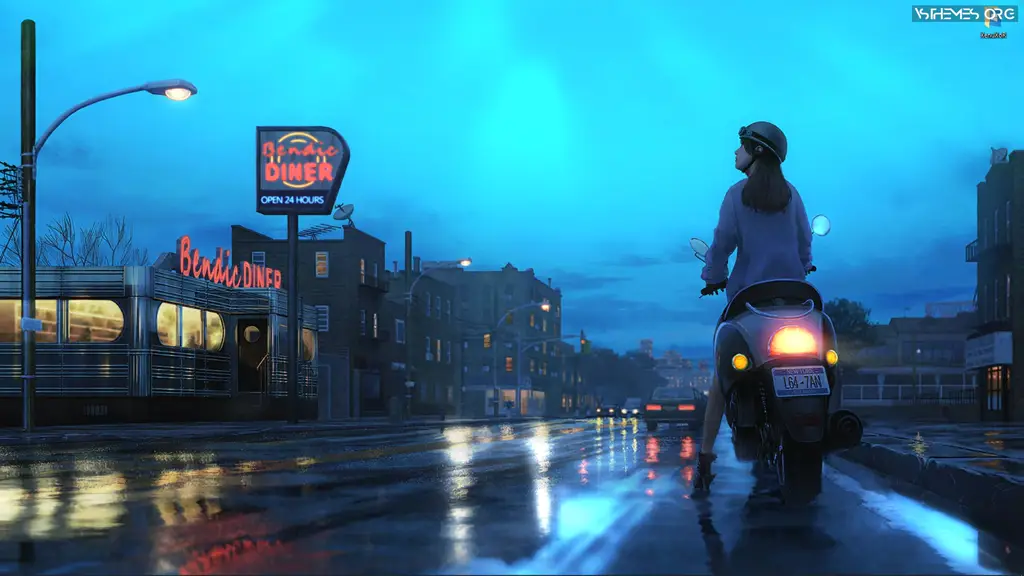 Live wallpaper Girl on a scooter in the rain, convenience store ...